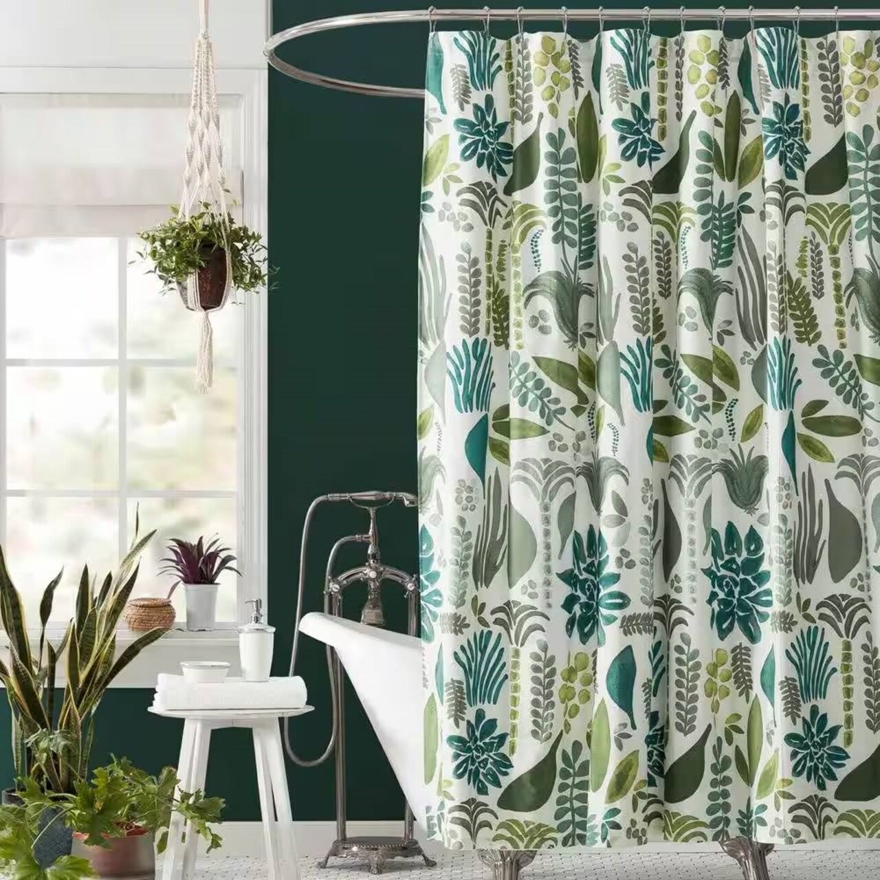 Blue-Green Cotton Garden Leaves Shower Curtain with Hook Style